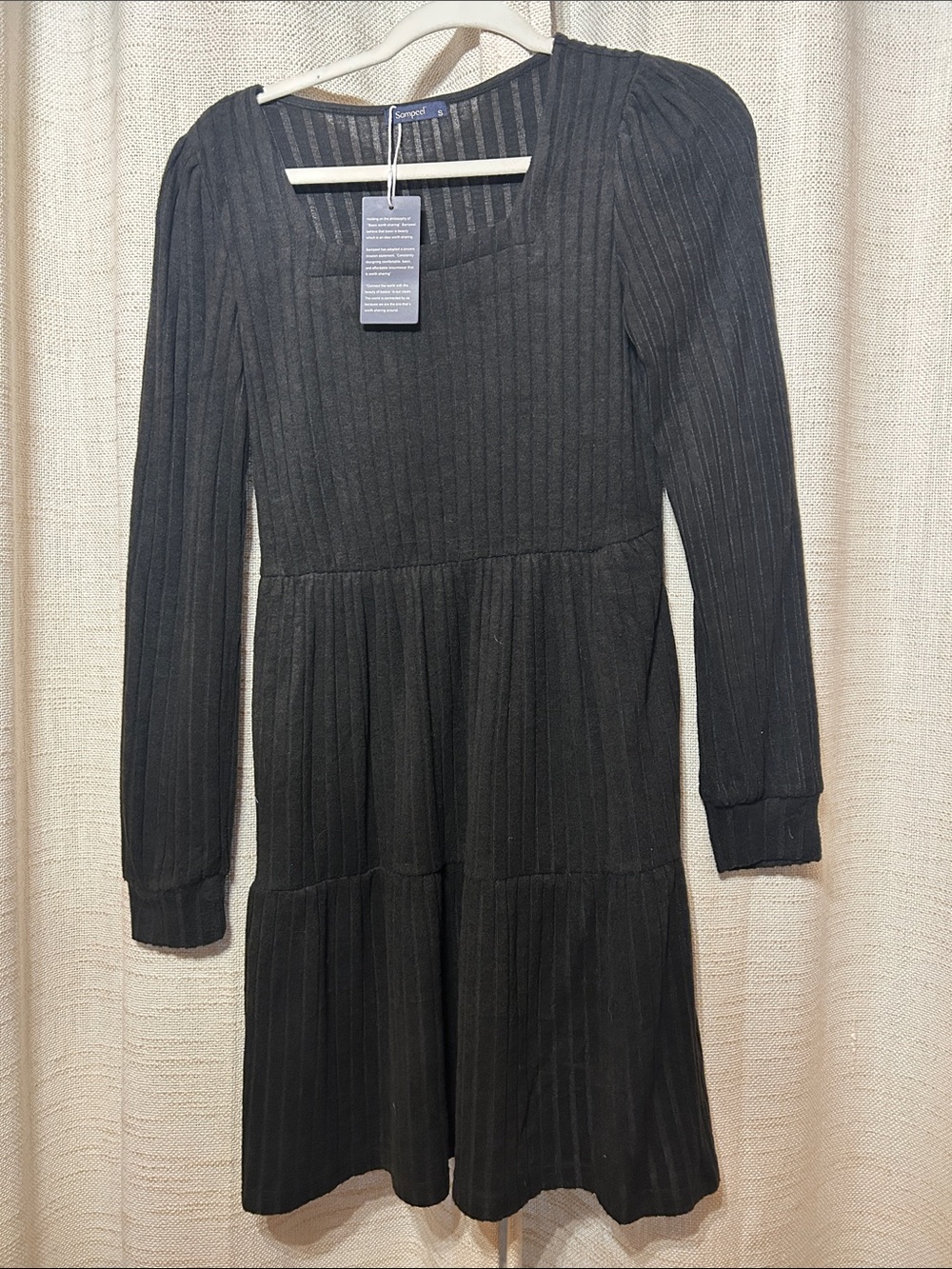 Sompra Black Ribbed Square-Neck Long Sleeve Dress